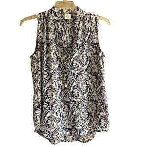 Cabi 5038 Women Blue White Abstract Shell Print Sleeveless Split Neck Blouse S